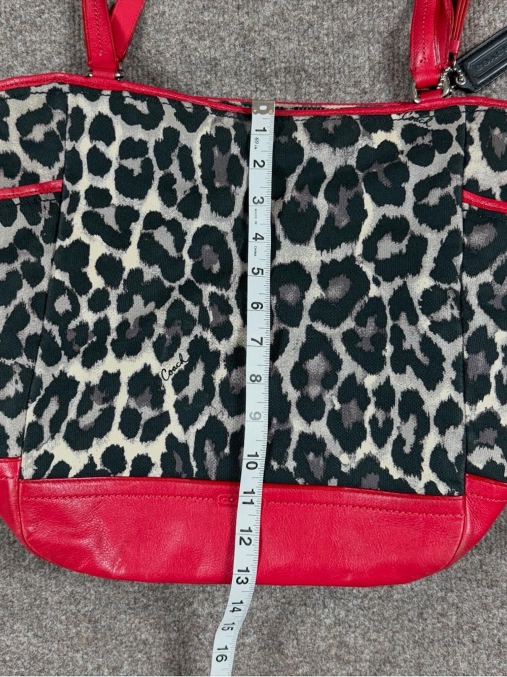 Coach Ocelot Animal Print Carrie Tote Shoulder Bag Red Leather Trim Zip Closure - Picture 11 of 14